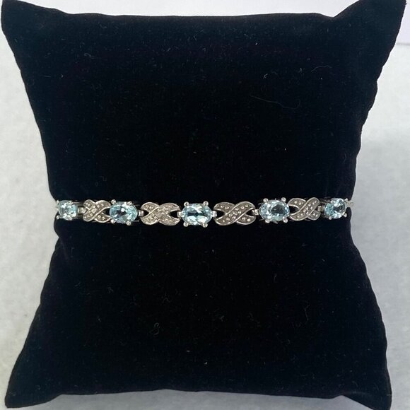 Sterling Silver 925 FAS Oval Blue Topaz XO Bolo Style Box Chain Tennis Bracelet - Picture 3 of 16